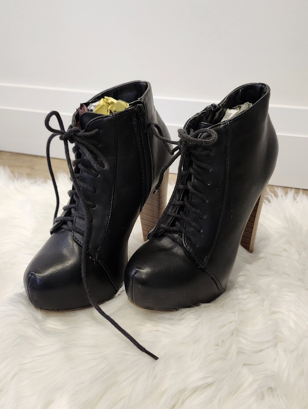Black Lace-Up High Heel Ankle Booties